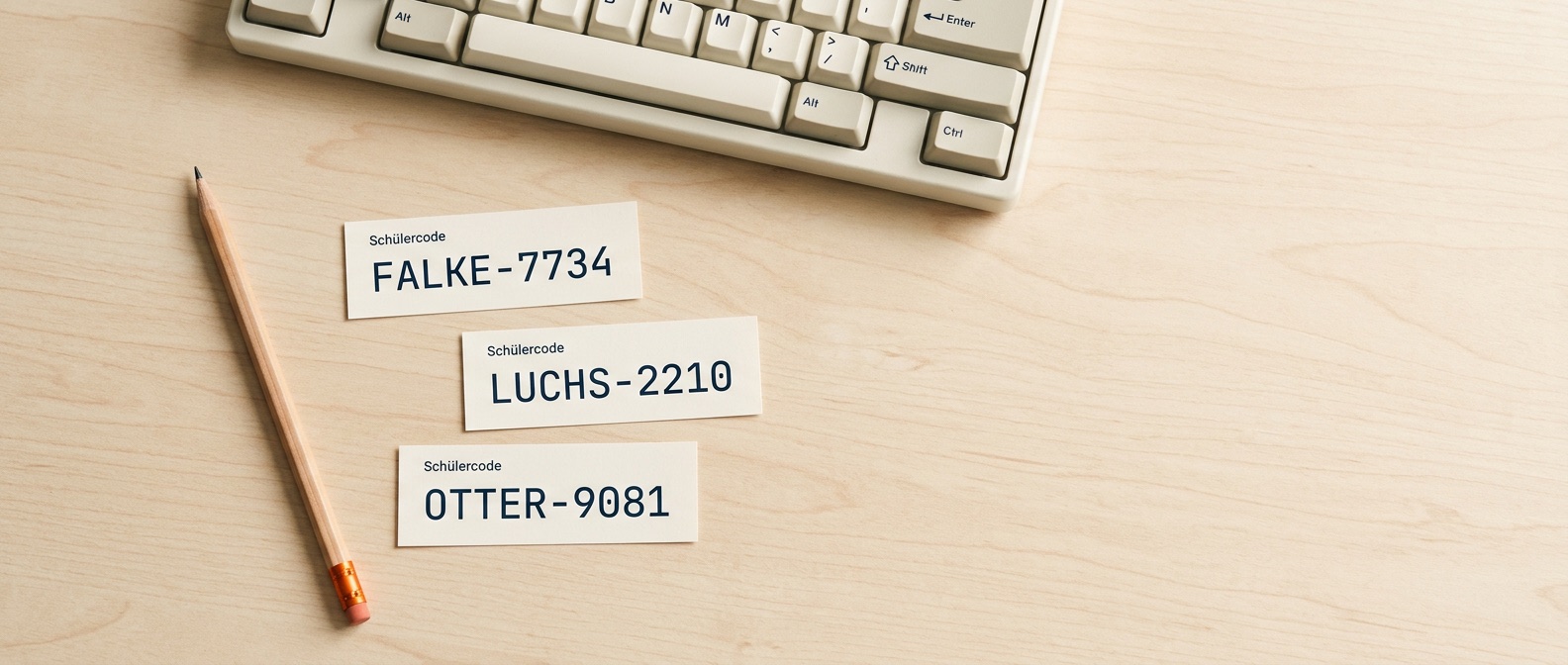 Drei gedruckte Schülercode-Zettel mit FALKE-7734, LUCHS-2210 und OTTER-9081 auf einem Schultisch neben Tastatur und Bleistift