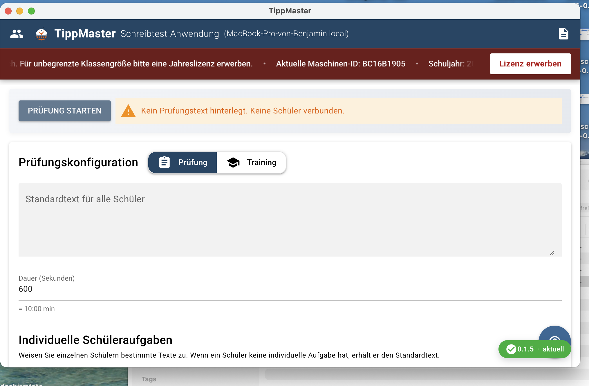 TippMaster-Dashboard mit Marquee-Banner zur Lizenz