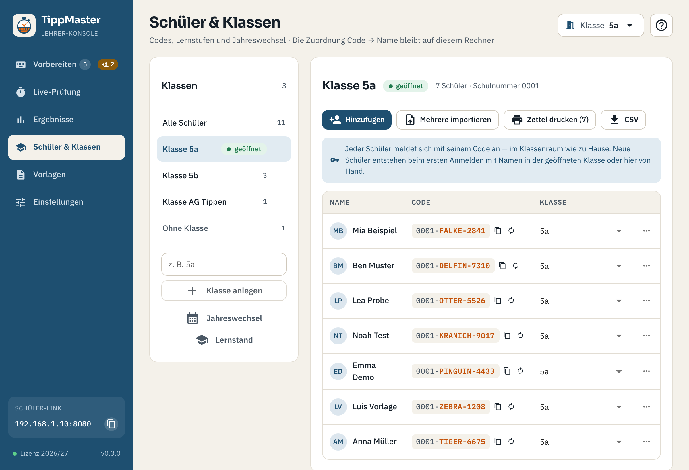 Seite Schüler & Klassen: Klassenliste links, Schüler mit Codes rechts
