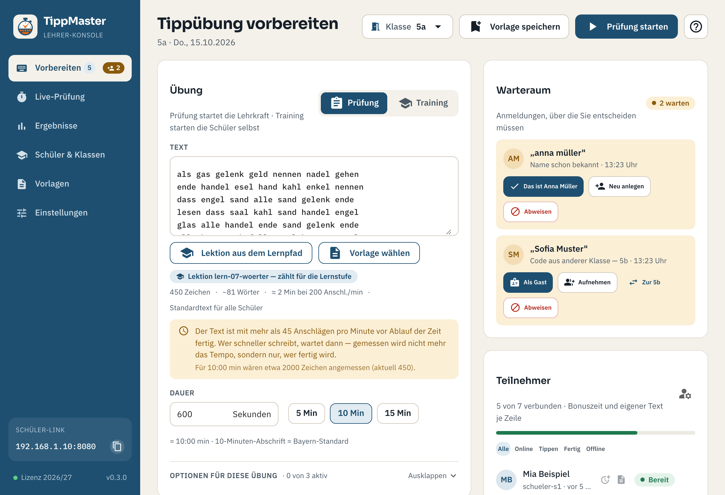 Seite Vorbereiten mit Übung, Warteraum und Teilnehmern